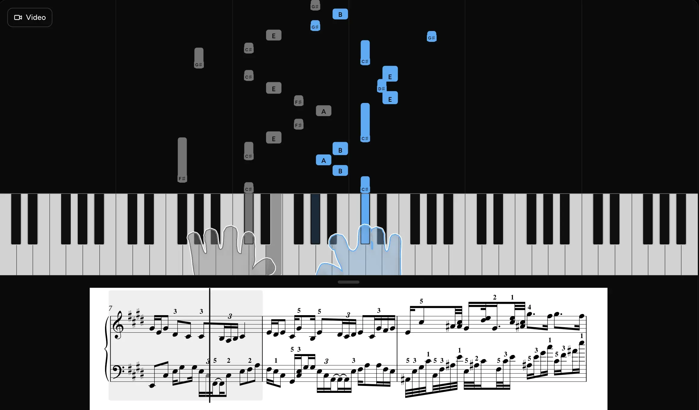 Arabesque No. 1 in Play mode: falling notes over a keyboard, with outlined hands in each hand's colour and the sheet below.