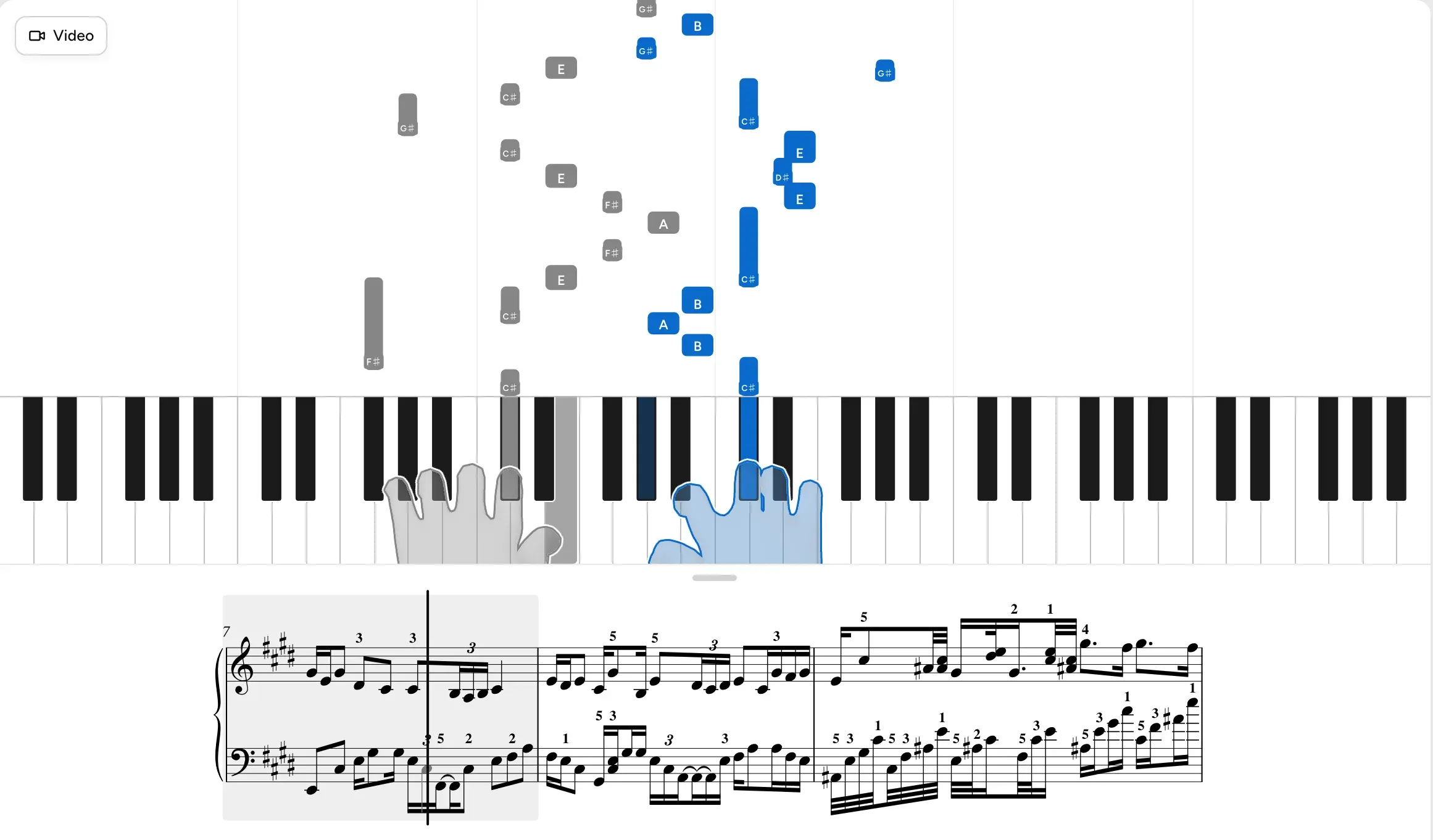 Arabesque No. 1 in Play mode: falling notes over a keyboard, with outlined hands in each hand's colour and the sheet below.