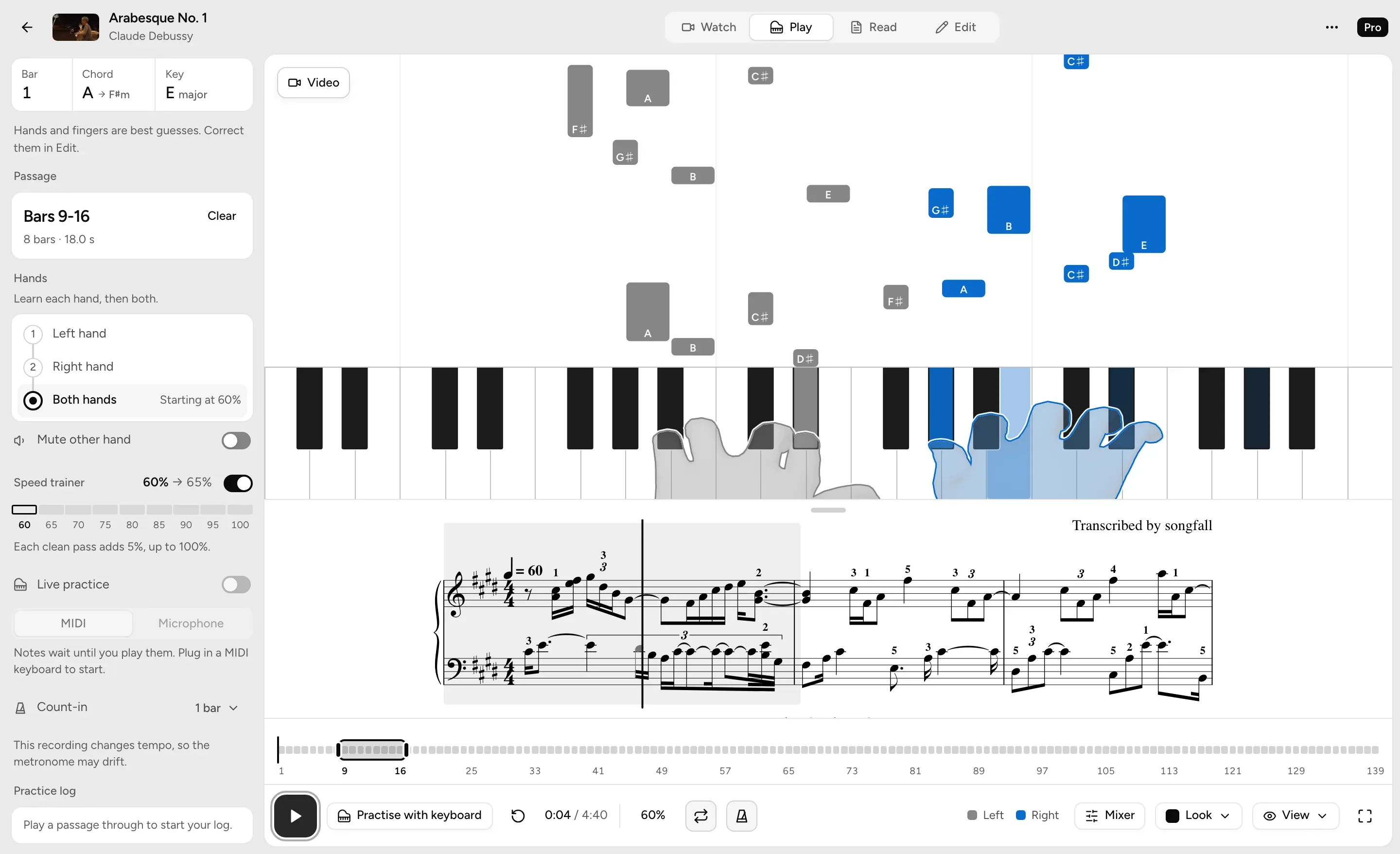 The practice panel beside the falling notes: passage, hands and speed trainer.
