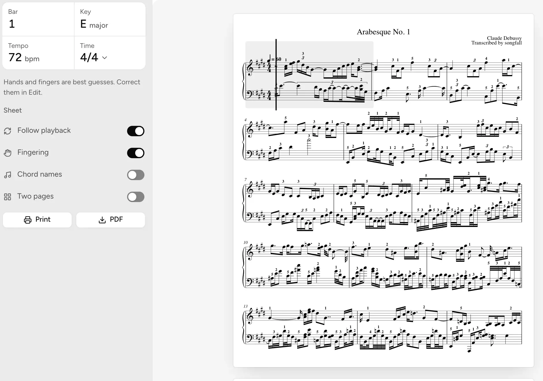 Arabesque No. 1 in Read mode: the engraved sheet with fingering numbers.