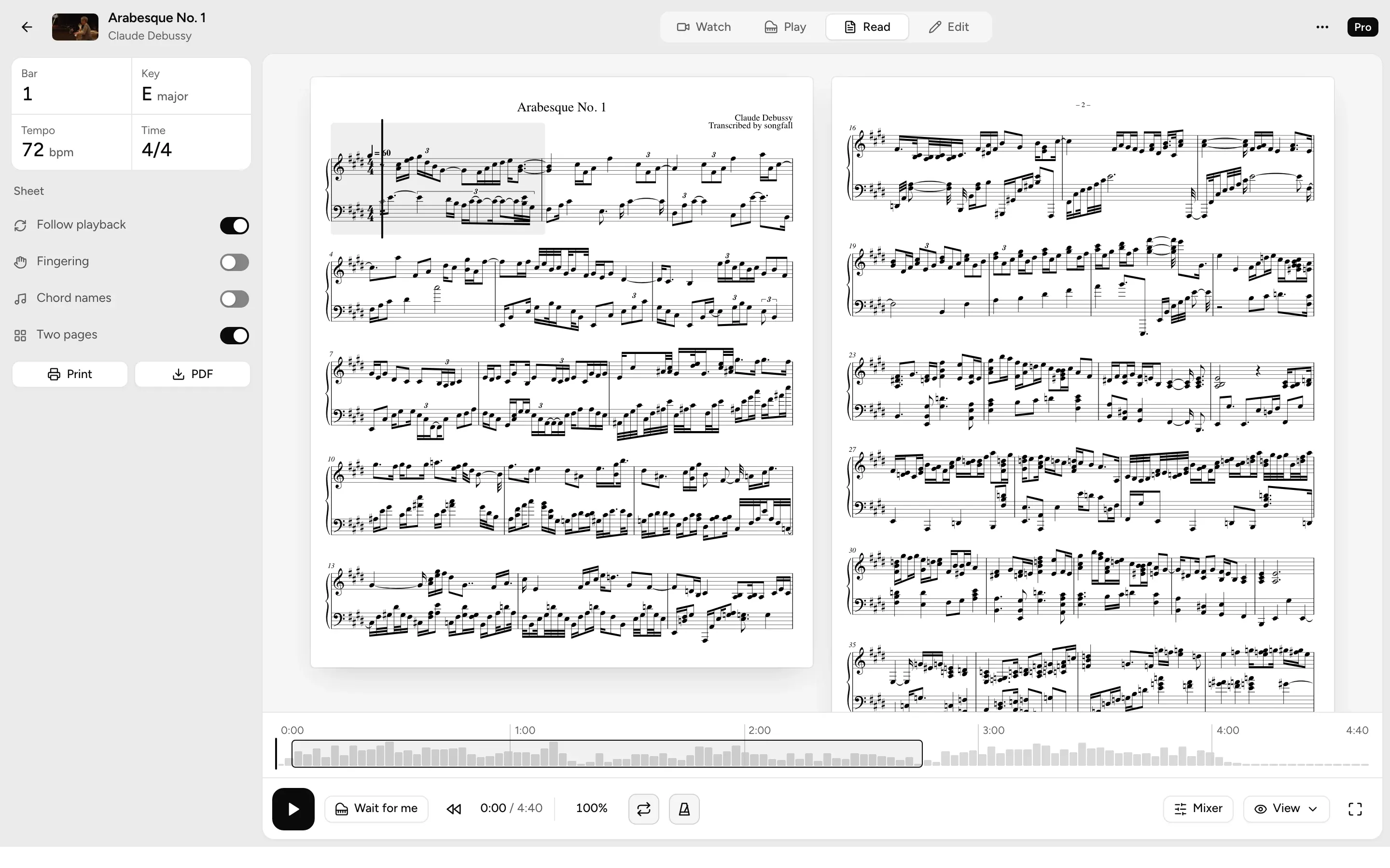 Arabesque No. 1 in Read mode: two pages of the engraved sheet side by side.