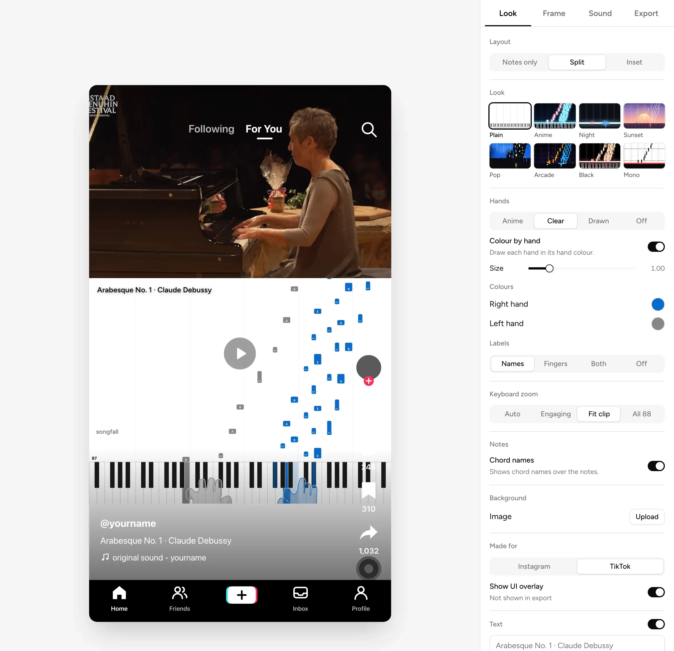 Video studio: a vertical clip split between the performance and the falling notes, with a TikTok preview over it and settings for layout, look, hands, hand colours, chord names, background and platform.