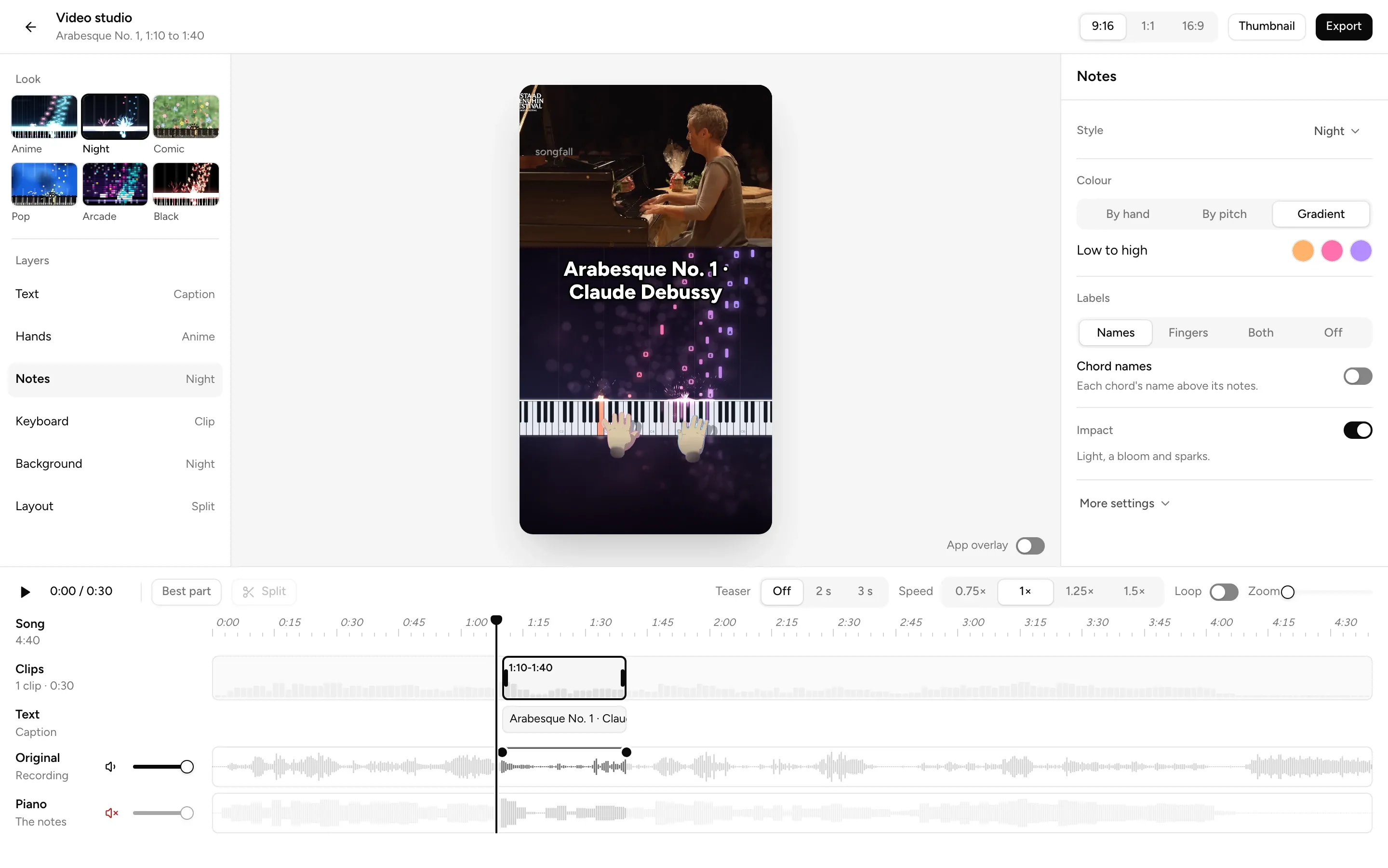 Video studio: a vertical clip of Arabesque No. 1 with the performance above glowing falling notes, a timeline of the clip below, and the Notes settings beside it.